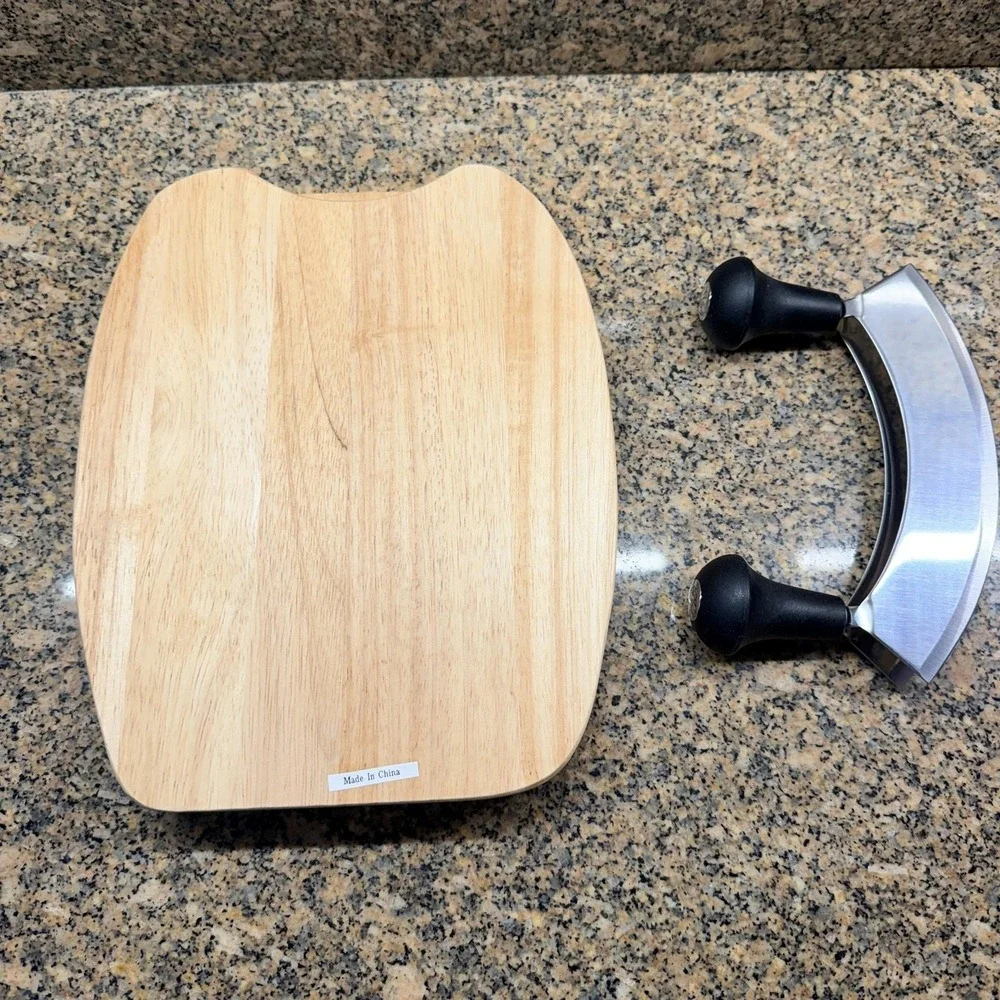 ARCOSTEEL Mezzaluna Chopper Knife & Wood Cutting Board Set Stainless Steel Brown